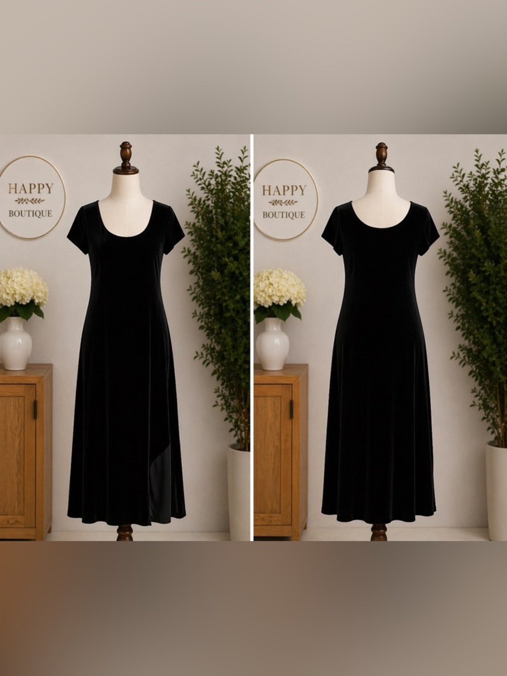 Black Velvet Short-Sleeve Maxi Dress with Side Slit CASSINI Vintage Line